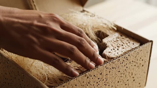 Hands unbox sustainable delivery package with rustic cork texture