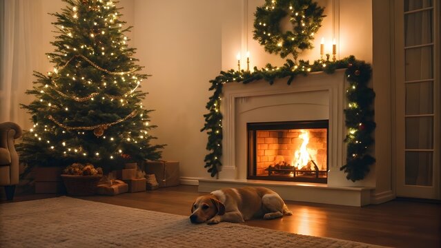 Cozy Warm Toned Room Decorated With Garlands A Gently Burning Fireplace And A Relaxed Pet Resting Beside Flickering Christmas Tree Lights Creating A Peaceful Heartwarming Holiday Atmosphere