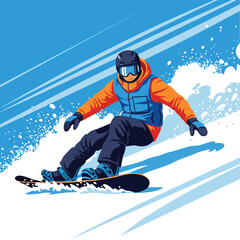 Snowboarder carving down snowy slope in bright winter attire  