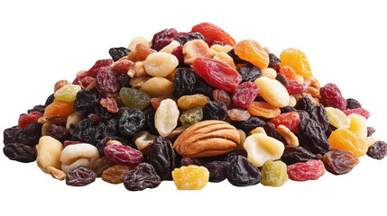Vibrant mix of dried fruits and nuts piled high against a stark for healthy snacking