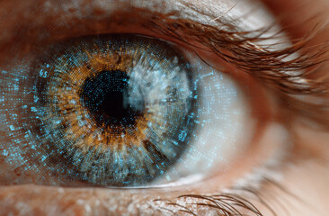 A human eye with digital data visualization overlay showing futuristic technology concept