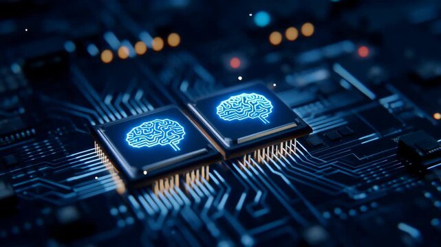 Artificial intelligence microchip circuit glowing with blue light on computer processor board, advanced technology showing digital brain icons and futuristic computing power innovation