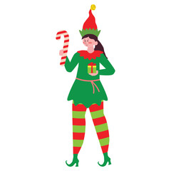 Cute Christmas elf girl holding gift  vector cartoon flat style illustration
