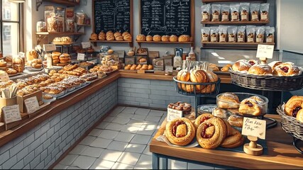 Cozy bakery display filled with fresh pastries and breads