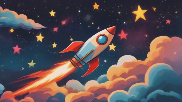 A cartoon rocket with fiery exhaust blasts off into a starry night sky filled with vibrant clouds