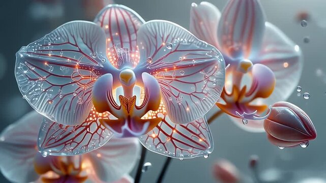 Macro view of translucent synthetic orchid blossom with internal glowing fiber optic veins structure. Bio-resin flower in sterile void for biotechnology, genetic engineering and future cosmetics conce
