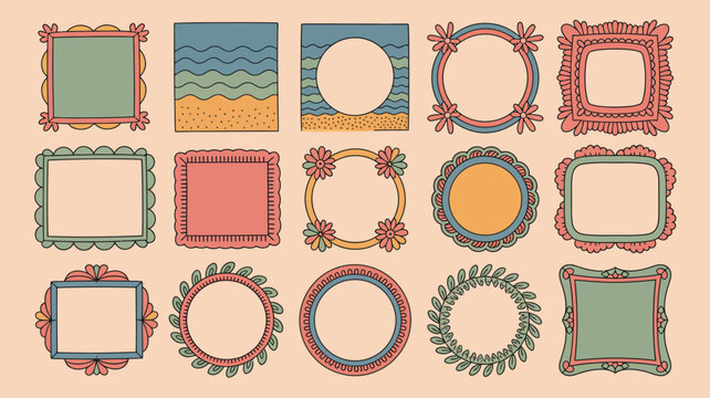 doodle hand drawn coastal border collection, with colorful minimal frames, square, arch, and rectangle designs, retro style empty banners, poster layouts, placard shapes, 
