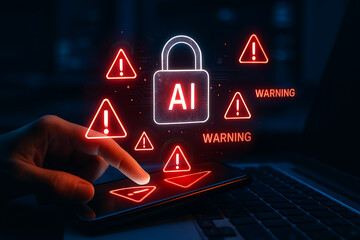 AI cybersecurity concept showing warning signs and a secure padlock on a digital interface, symbolizing data protection, system threat detection