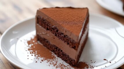 Delightful visuals showcasing a tempting slice of chocolate cake with cocoa powder dusting