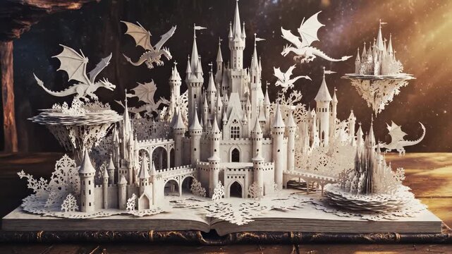 Magical book opens revealing paper pop up castle and dragons