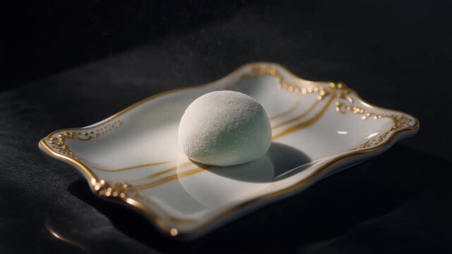 A delicate light green mochi dessert is elegantly presented on a luxurious gold-rimmed plate