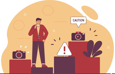 Confused photographer facing challenges with caution warnings and equipment issues during a photoshoot in a studio setting with creative block