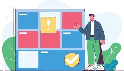 Modern professional presenting workflow management board for agile project with checklist, attention needed and in progress status, team collaboration