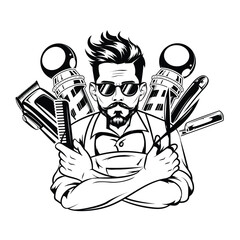 Barber bearded man with barbershop tools scissors