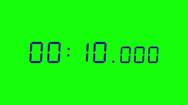 7 digits navy blue digital countdown timer starting at 00:15:00 (15 seconds) on green screen, featuring crisp seven-segment numerals with minutes, seconds, and milliseconds displayed prominently.