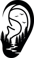 Black silhouette of ear with nature landscape