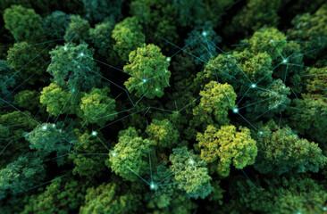 A lush green forest with digital network connections overlay