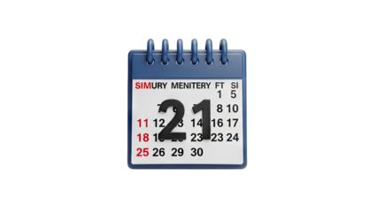 Close Up Of A Spiral Bound Desk Calendar Showing The 21st Day With A Transparent Background In Detailed 3D Render