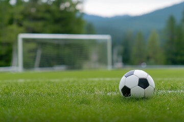Fototapeta premium Lone soccer ball on grass by a goalpost. Expansive football field and green meadow under wide-angle view. Ideal for coaching materials and sports campaigns.
