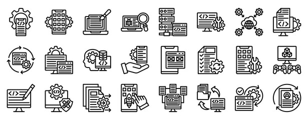 Mobile Coding Icon Set Collection Outline Style. Vector illustration.