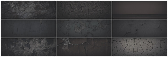 Set of dark panoramic background textures. Collection of wide textures with peeling paint, cracks, scratches, noise and grain. Faded rough surfaces of old walls. Bundle of gray backgrounds for design.