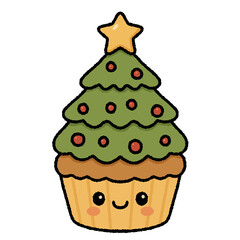 Kawaii Christmas Tree Cupcake with Cute Face Festive Cartoon Dessert Illustration