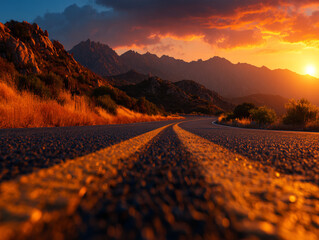 Scenic road winding through mountains at sunset, showcasing vibrant colors and natural beauty