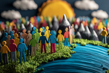 Colorful figures stand united on vibrant landscape, symbolizing hope and community