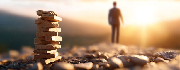 Overcoming challenges symbolized by stacked stones with person in background