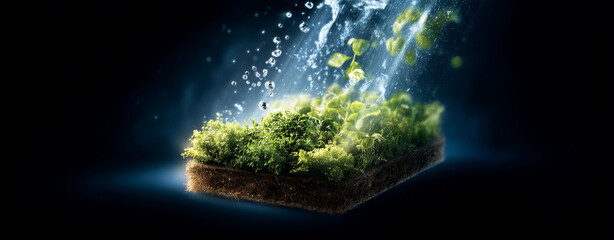 Vibrant patch of soil with lush green plants, water bubbles rising, symbolizes growth