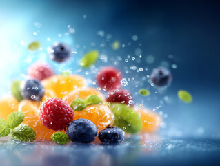 Fresh fruit splash with vibrant colors and refreshing mint leaves creates lively scene