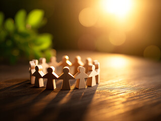 Supportive circle of wooden figures symbolizing group therapy and connection in warm setting