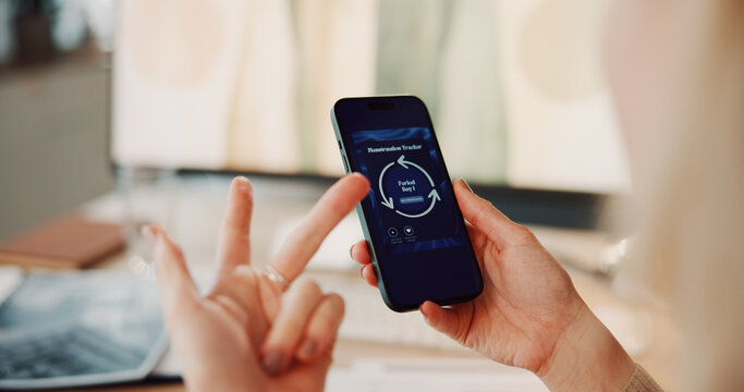 Hands, menstrual cycle and phone screen with woman in home for counting days or period tracking. Fingers, gynecology app and schedule with person in apartment for health, menstruation or wellness