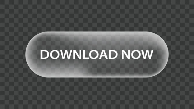 Transparent vector glass button with download now text for website interfaces