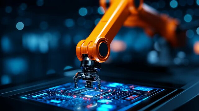 Orange robotic arm circuit board technology automation futuristic digital interface assembling microchip with mechanical claw glowing blue lights advanced precision engineering electronics industry