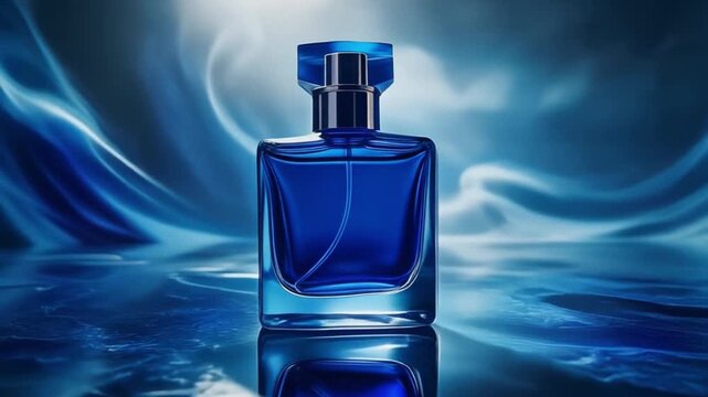 Elegant blue perfume bottle on a reflective water surface with dynamic blue background