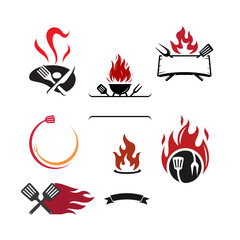  BBQ logo icons with grills, flames, and meat symbols for barbecue restaurants, food brands, and catering.
