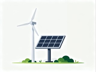 Natural renewable energy solar panels and wind turbines, illustration of wind turbines and solar panels