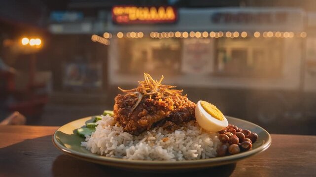 Nasi Lemak with fried chicken, egg, and peanuts steaming on a plate with a food truck background