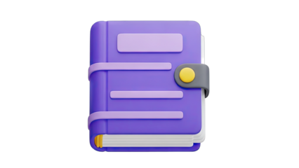 Closed Purple 3D Book with Yellow Clasp and Purple Pages on a Transparent Background