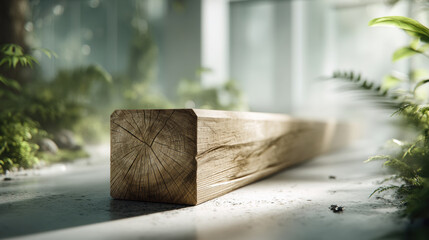Forest to Form, A minimalist 3D illustration: A raw, textured wooden beam segment, placed within a softly blurred, minimalist forest backdrop. Suggests sustainable sourcing, with copy space.