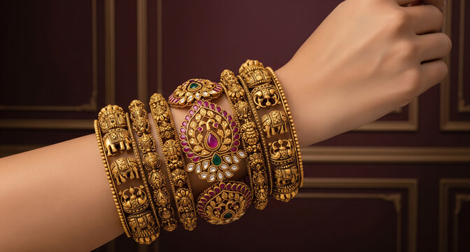 Intricate Traditional Indian Gold Bangles Bracelets Set Jewelry Bridal Wedding Festive Fashion Luxury Hand Ornament Close Up