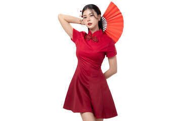 Asian woman wearing  cheongsam traditional red Chinese dress holding red fan on transparent...