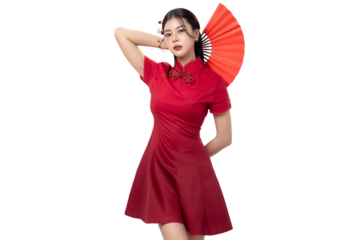Asian woman wearing  cheongsam traditional red Chinese dress holding red fan on transparent background, PNG file format.