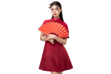 Asian woman wearing  cheongsam traditional red Chinese dress holding red fan on transparent background, PNG file format.