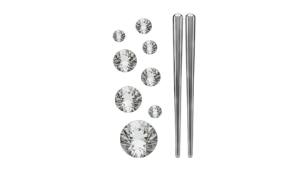 Collection of Assorted Sparkling Diamonds and Slender Metallic Chopsticks with Transparent Background Perfect for Luxury and Culinary Themes
