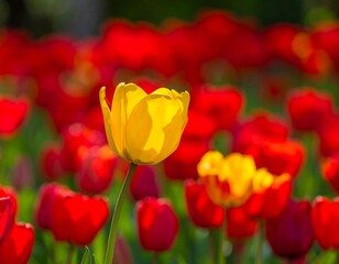 Obraz premium Close-up of a yellow tulip in front of vibrant red flowers; sunlight, natural bloom