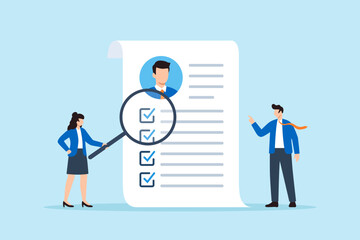Flat illustration of HR team reviewing candidate resume with magnifying glass and checklist symbolizing recruitment process screening and talent selection