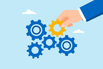 Flat illustration of hand placing important gear to complete system symbolizing strategy optimization teamwork leadership and problem solving