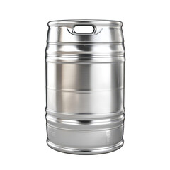 A shiny. stainless steel keg positioned upright on a clean surface. reflecting light. with an empty brewery background hinting at a lively brewing process